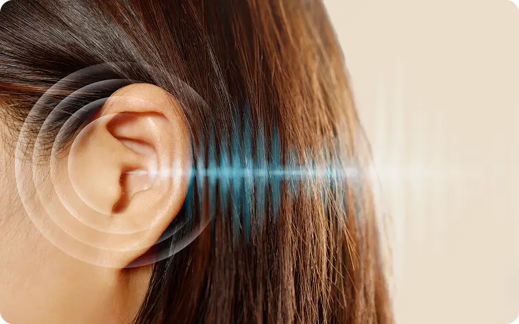 Zumbido no ouvido representado de forma conceitual com fundo difuso e cores suaves.